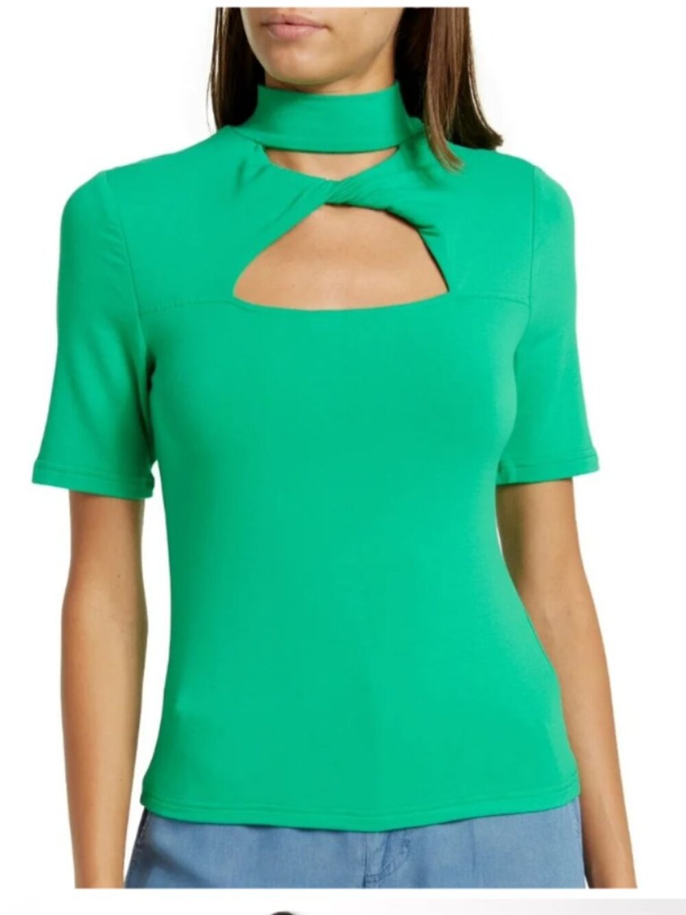 WALTER BAKER Green Mock Collar Twist Cut-Out Short Sleeve Small